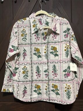 LEA-Floral Panel Button-Down Shirt - Cream with Green & Pink